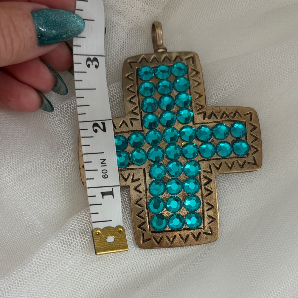Turquoise and Brass Crystal Cross Pendant - Picture 6 of 7